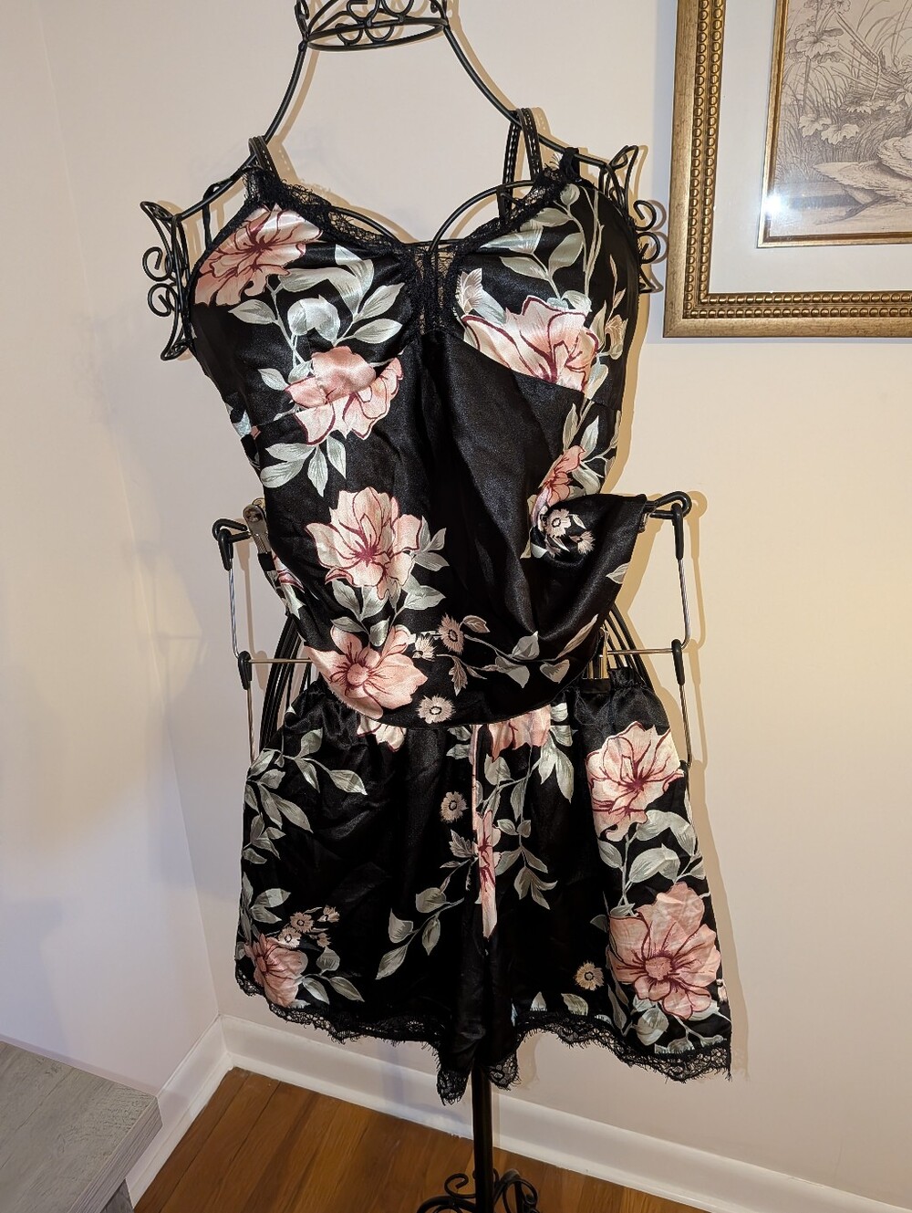 Black Floral Cami & Shorts Pajama Set with Lace Trim
